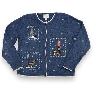 Croft & Barrow Christmas Cats Embroidered Cardigan Vintage Sweater Size Medium